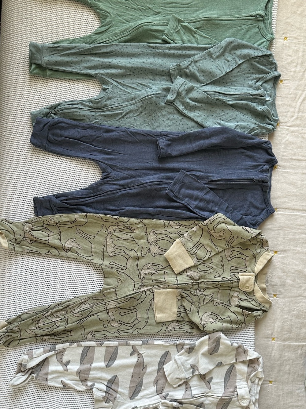 6-9 Month Baby Sleeper Bundle - Pajama Set - Sage Green, Dark Blue, Cream